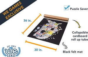 Mat unrolled and laid out. 36 by 30 inches. Collapsible cardboard roll up tube. Black felt mat. Puzzle saver.