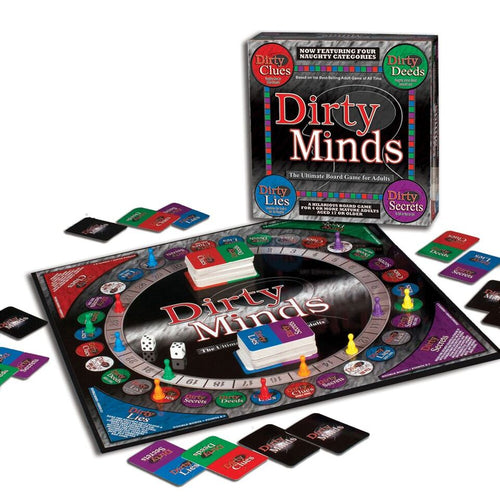 Dirty Minds Ultimate Edition Party Game. Board game and pieces laid out in front of box. 