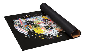 Roll up jigsaw puzzle with felt mat and folding cardboard tube for storage. Picture of mat being unrolled.