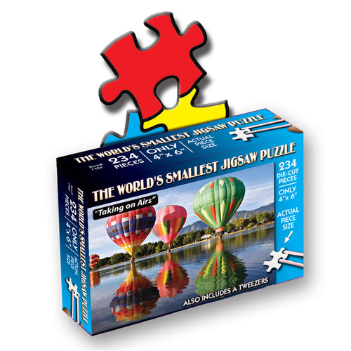 Front of World's Smallest Jigsaw Puzzle- Taking On Airs - Measures 4 x 6 inches when assembled- Includes Tweezers. 234 die-cut pieces. Only 4 x 6 inches.