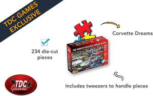 Front of Corvette Dreams box with text. Corvette Dreams. 234 die-cut pieces. Includes tweezers to handle pieces. 