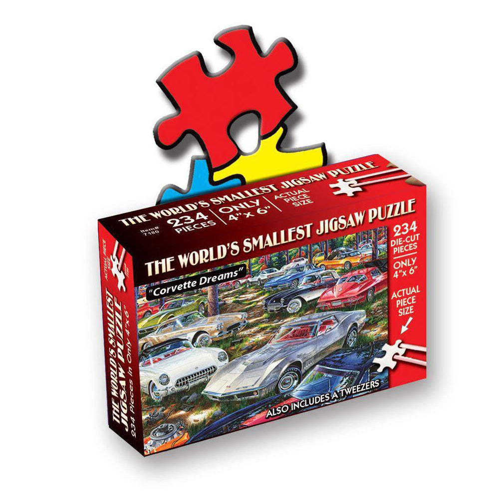 Front of Worlds Smallest Jigsaw Puzzle- Corvette Dreams.- Measures 4 x 6 inches when assembled. includes tweezers.