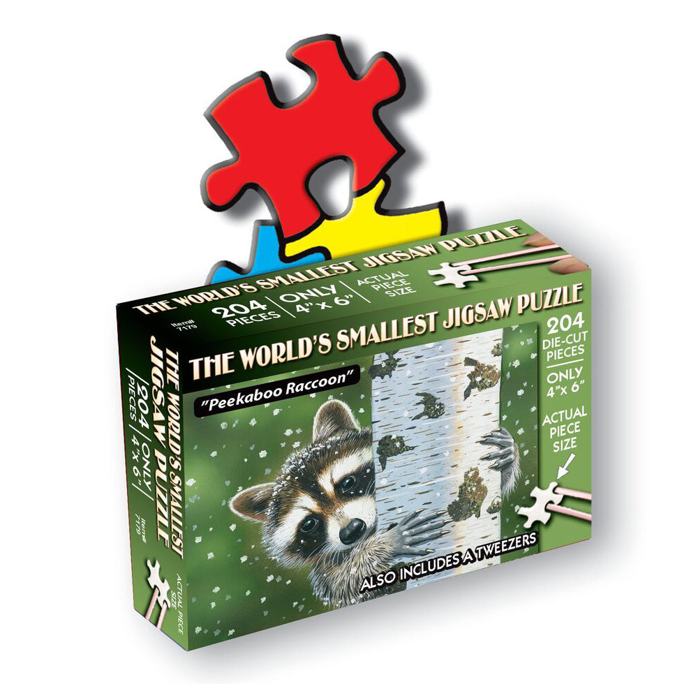 Front of World's Smallest Jigsaw Puzzle- Peekaboo Raccoon - Measures 4 x 6 inches when assembled- Includes Tweezers. 204 die-cut pieces. Only 4 x 6 inches.