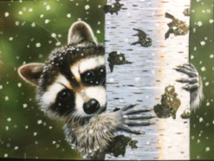 Picture of puzzle art. Raccoon peeking out from behind a tree its holding.