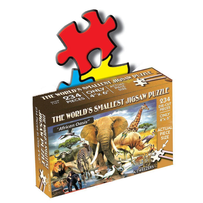 Front of World's Smallest Jigsaw Puzzle- African Oasis- Measures 4 x 6 inches when assembled- Includes Tweezers. 234 die-cut pieces. Only 4 x 6 inches.