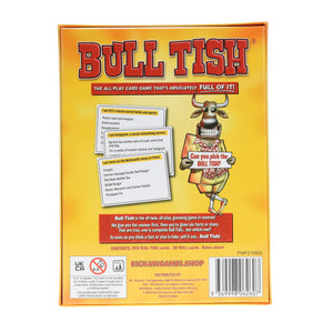 Back of Bull Tish box. Can you pick the Bull Tish? Bull Tish is the all new all play guessing game in reverse. We give you the answer first and you're given 6 facts or clues. one is Bull Tish... but which one? 200 Bull Tish cards. 30 Bull cards.