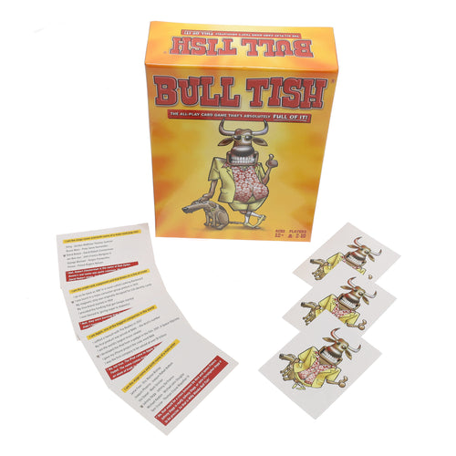 Bull Tish the all play card game that's absolutely full of it! Front of box has Bull dressed up smiling. Some game pats laid out.