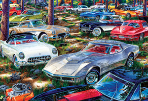 Picture of completed puzzle. Picture has multiple corvettes on a hiking trail with redwood trees.