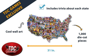 Picture of Completed USA Postcards puzzle with text. Includes trivia about each state. Cool wall art. 1,000 die-cut pieces. 31 inches long.